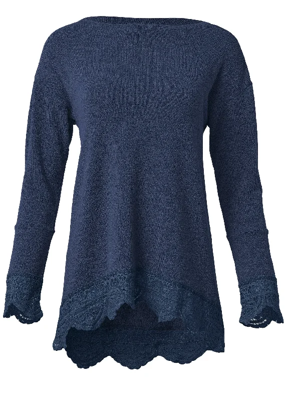 Lace trim cozy knit top - Navy