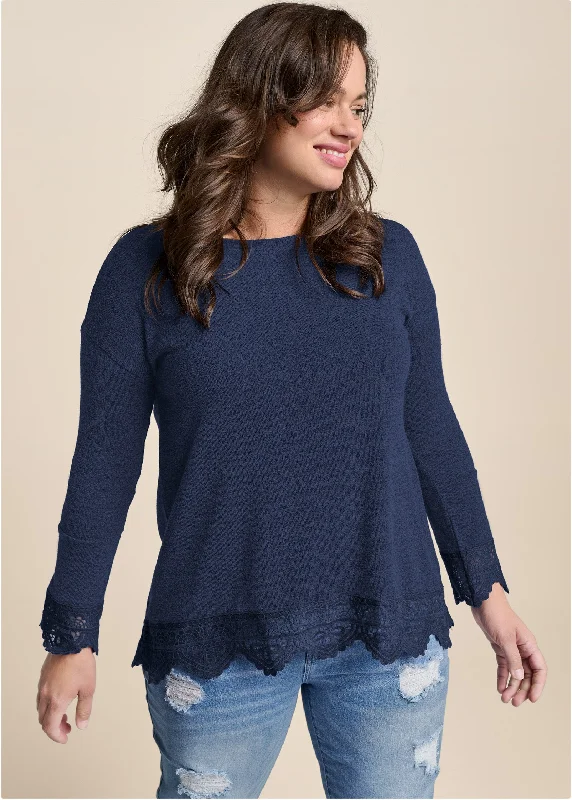 Lace trim cozy knit top - Navy