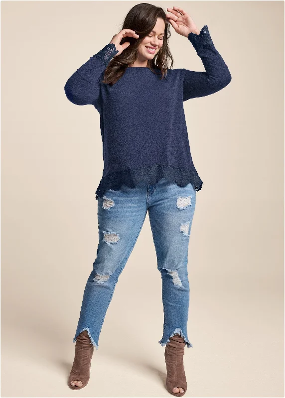 Lace trim cozy knit top - Navy