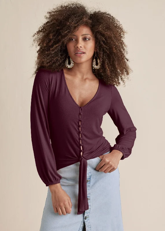 Tie-front button-up top - Wine